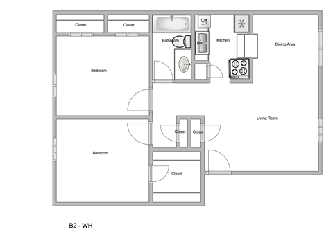 a floor plan of a studio apartment with a bedroom and a living room